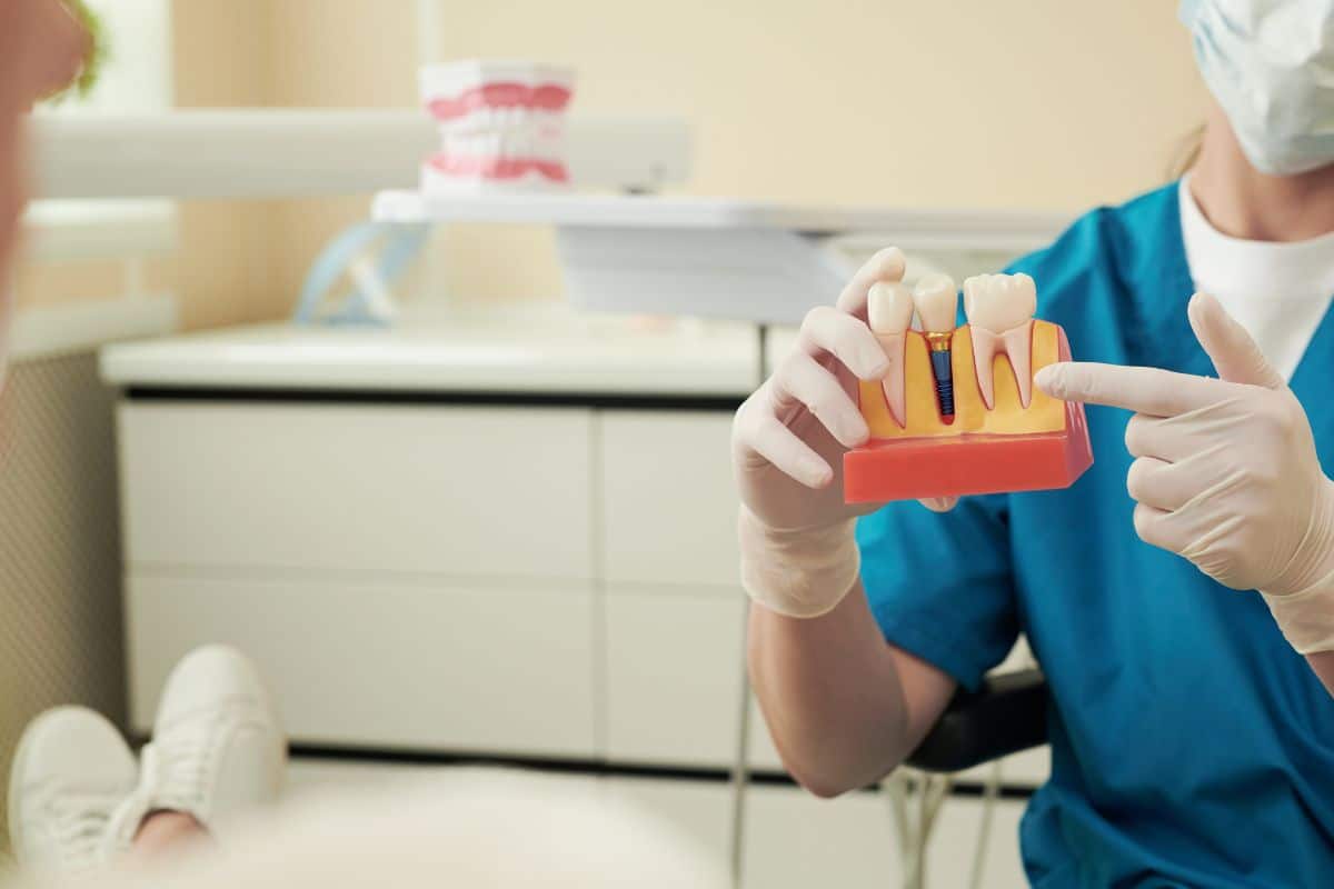 Dentist demonstrating a dental implant model to a patient.