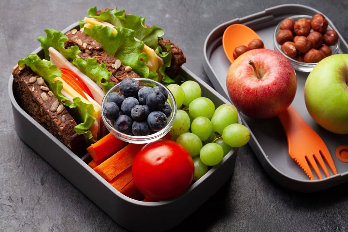 Healthy lunchbox with teeth-friendly snacks for kids.